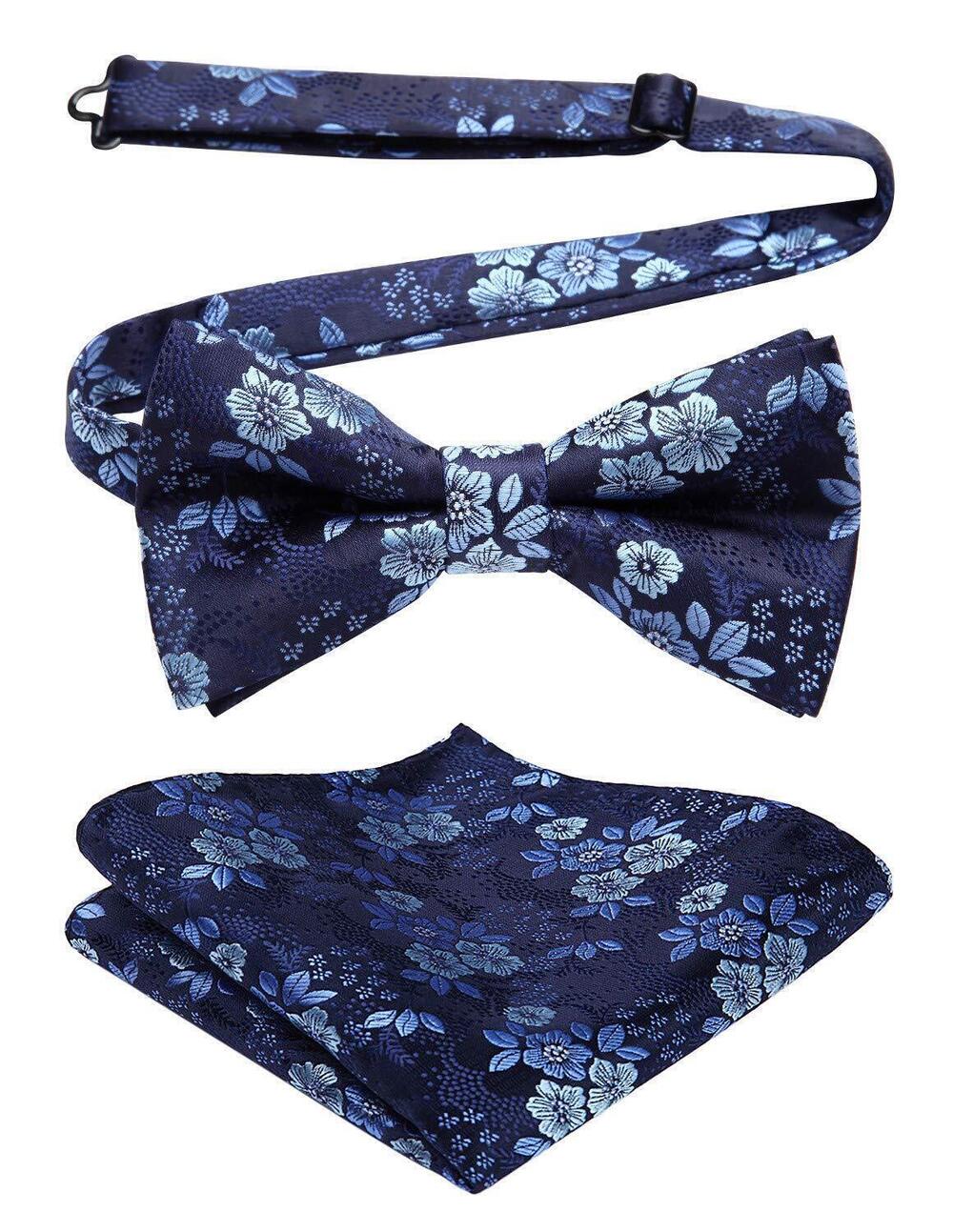 1442 Bow Ties Blue Pre-tied Floral Bow Ties and Pocket Square Set Formal 's